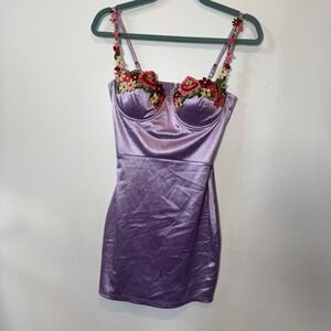 Windsor Lavender Satin Floral Embroidered Bustier Mini Dress Purple Women Small